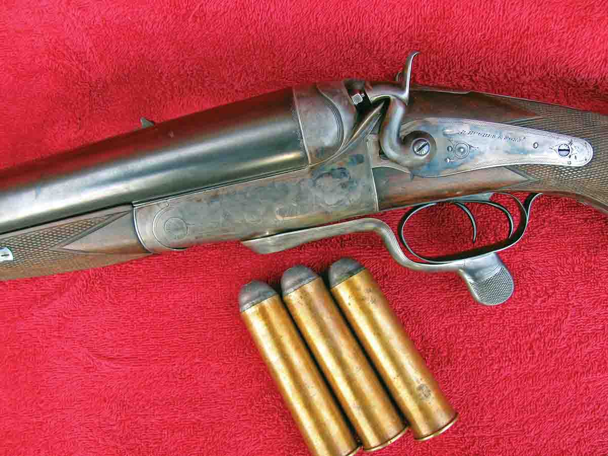 A Robert Hughes 4-bore, brass case is 4 inches in length, shooting 440 grains (16 drams) of FFg. It was made for 390 grains (14 drams) and a conical bullet of 4¼ ounces or 1,882 grains. The rifle weighs 22 pounds and is 23 pounds when loaded!